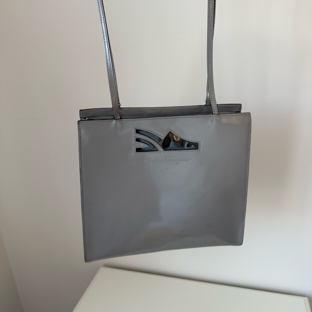 Vintage Salvatore Ferragamo Gray Patent Leather Tote Bag Clear Shoe Window